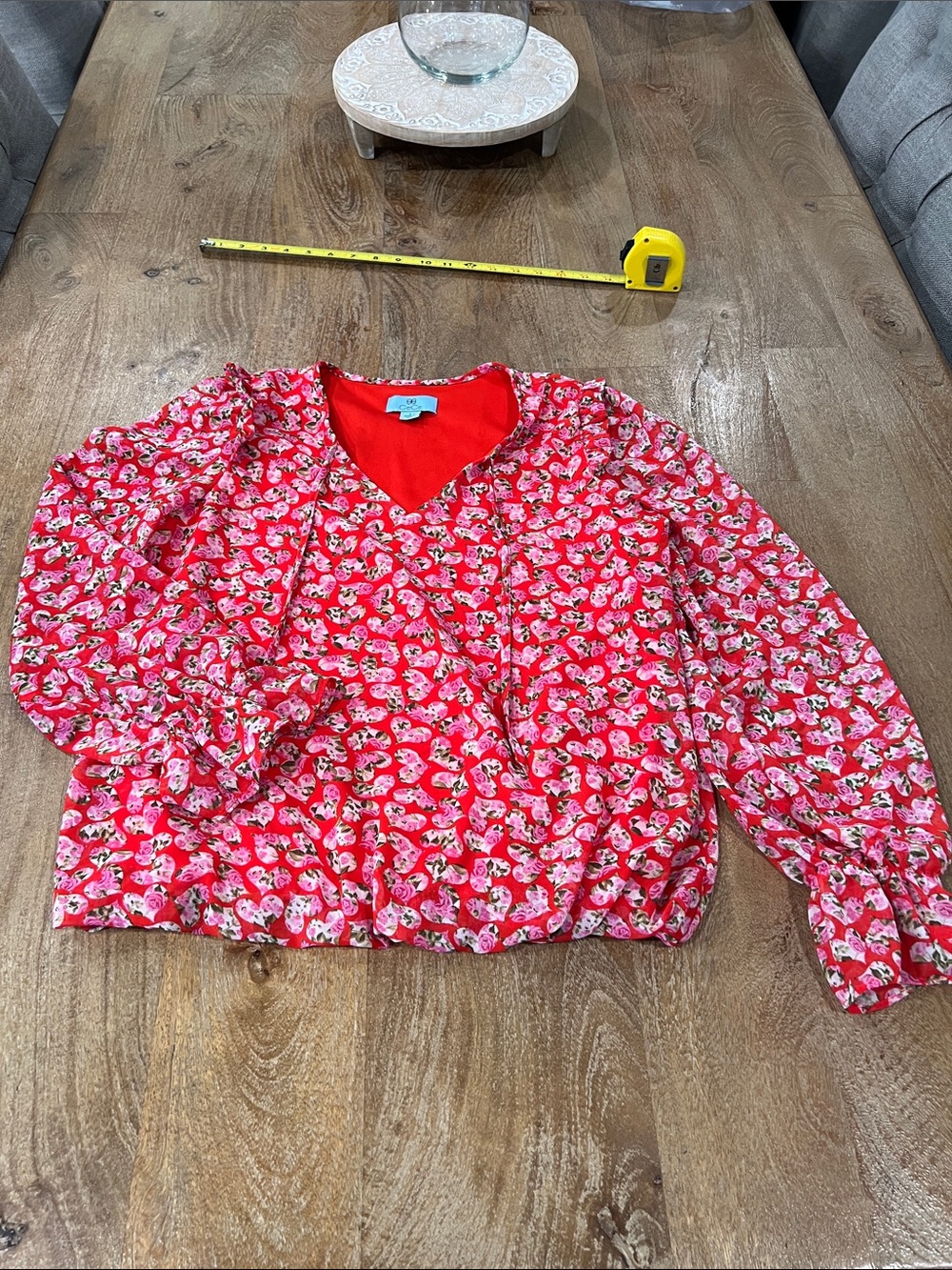 CeCe Bright Red Floral V-Neck Blouse